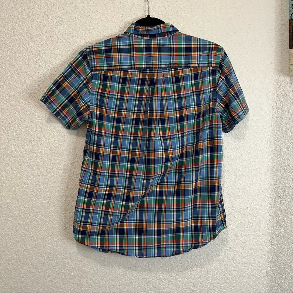 Ralph Lauren Plaid Blue Orange Green Button Up Short Sleeve Shirt Boys Youth L